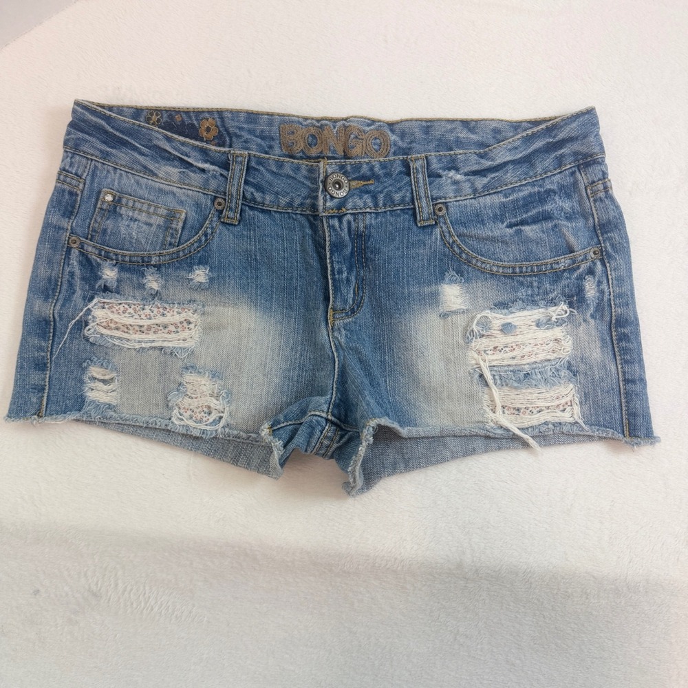 Bongo Jean Shorts Women 9 Blue Excellent Distressed Floral Y2K Low Rise Cut Off